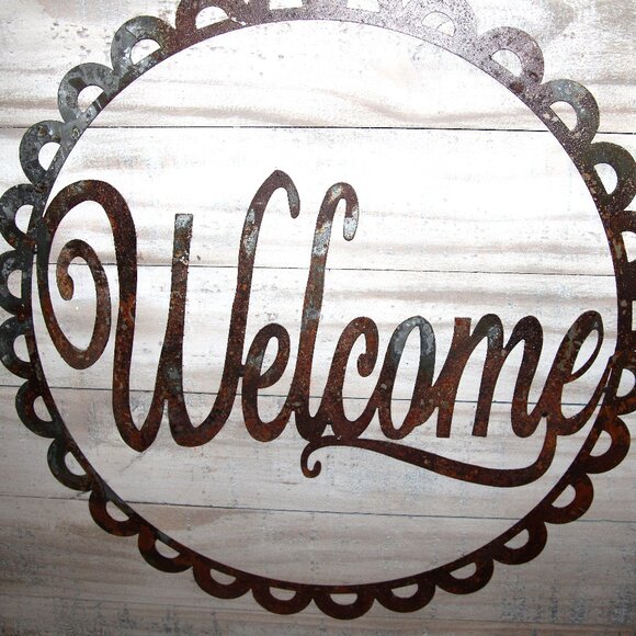 NEW Large Rustic Distressed Wood & Rusty Metal Farmhouse WELCOME Wall Decor - Picture 2 of 3